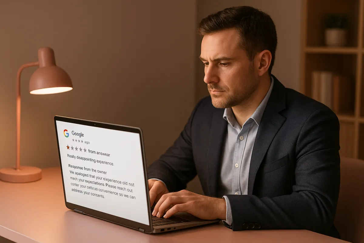Business owner thoughtfully composing a professional response to a negative Google review on laptop