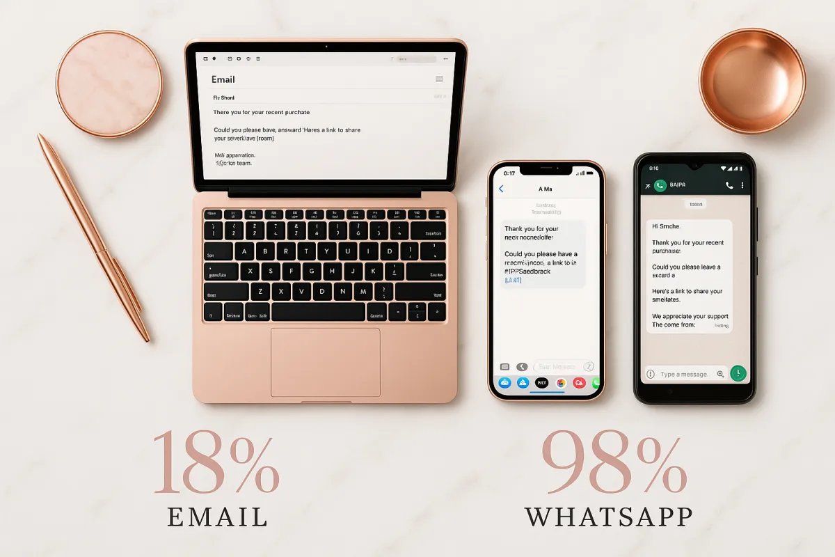 Flat-lay of laptop, iPhone, and Android showing email vs SMS vs WhatsApp review request open rates
