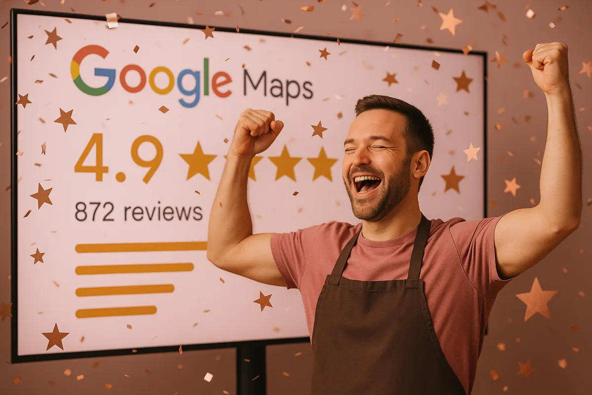 Happy local business owner celebrating a 4.9 star Google rating with hundreds of 5-star reviews on screen