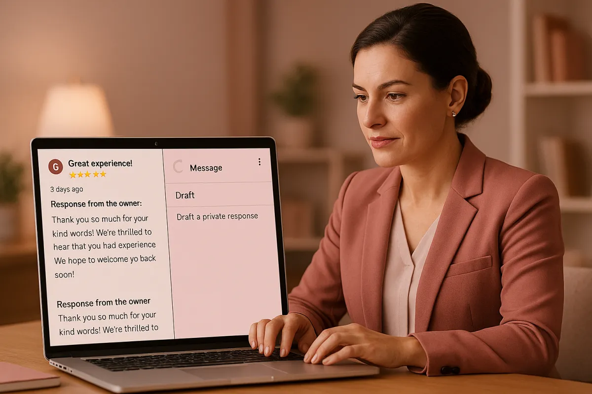 Business owner confidently typing a public Google review response with split-screen showing public and private options