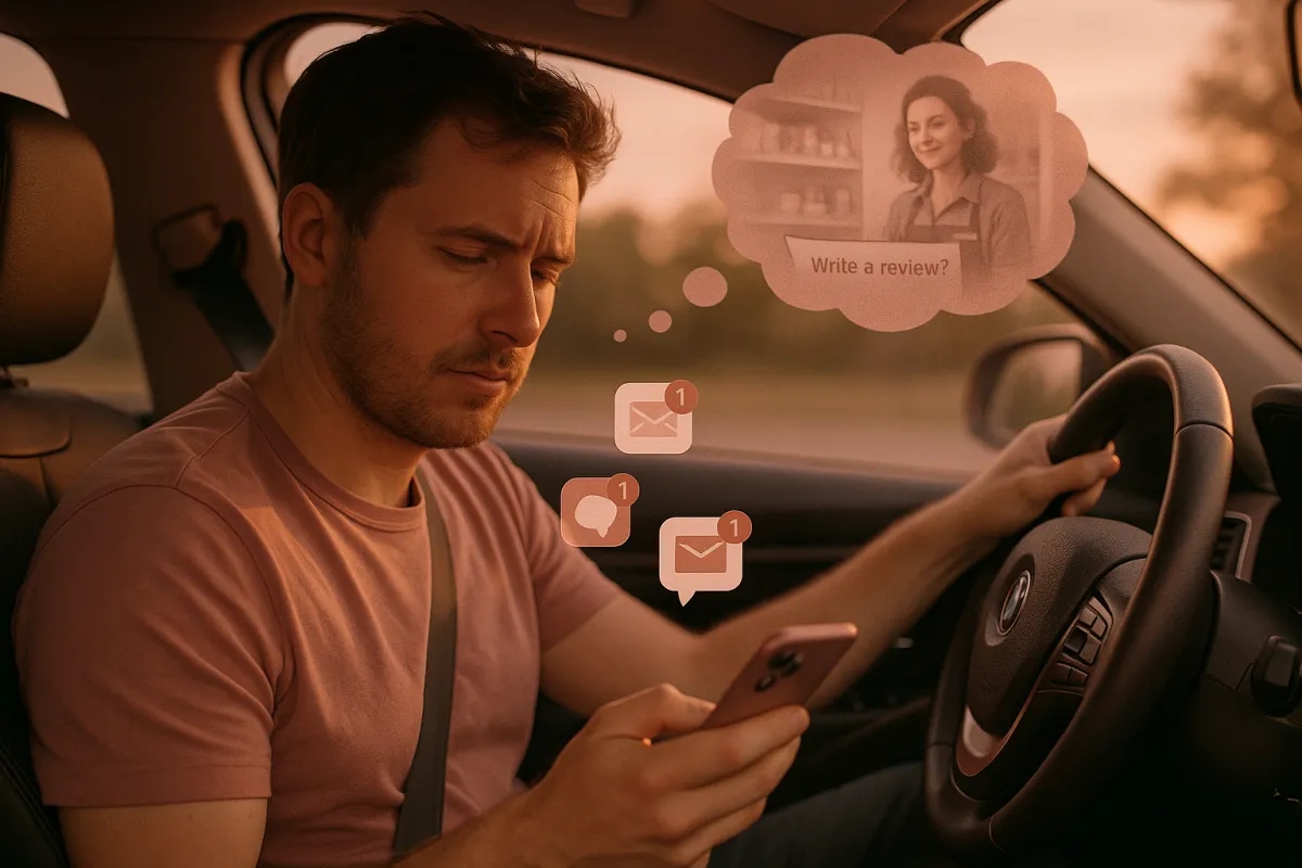 Distracted customer driving home glancing at phone, having forgotten to leave a business review