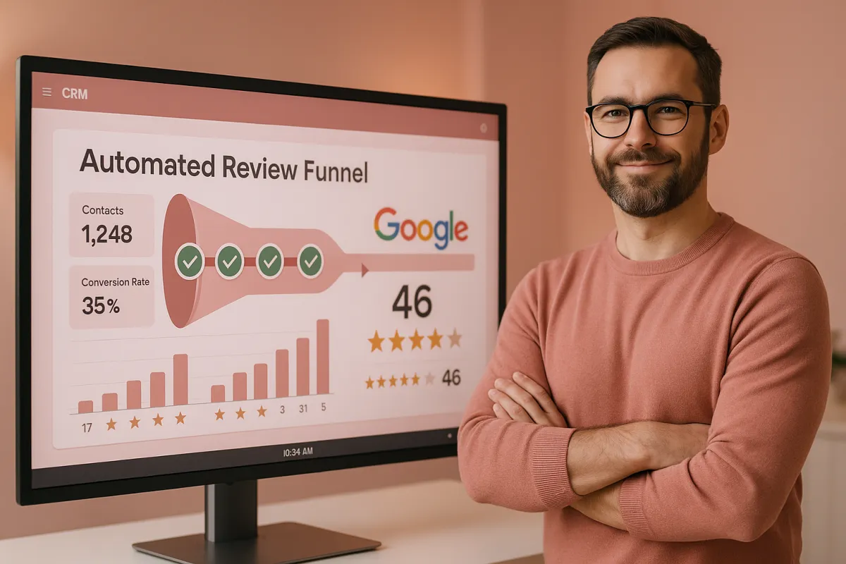 Business owner watching an automated review funnel converting happy customers into Google reviews on a CRM dashboard