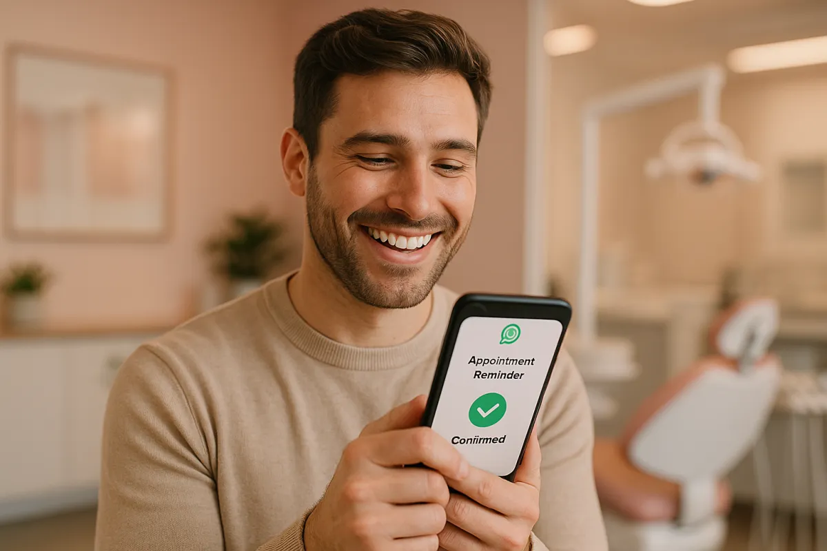Happy dental patient reading a WhatsApp appointment reminder confirmation on their smartphone