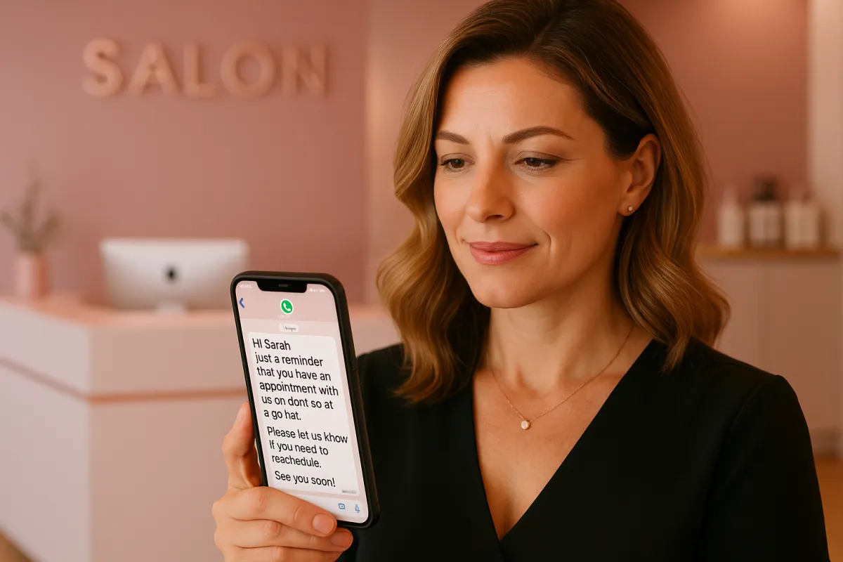 Salon owner reading a perfectly worded WhatsApp appointment reminder template on smartphone at reception desk