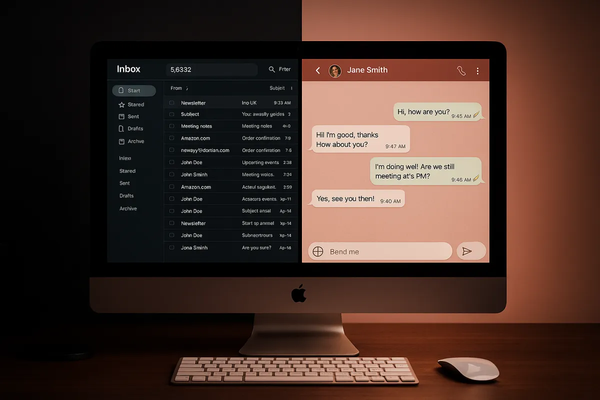 Split-screen showing cluttered unread email inbox versus clean WhatsApp conversation with instant read receipts