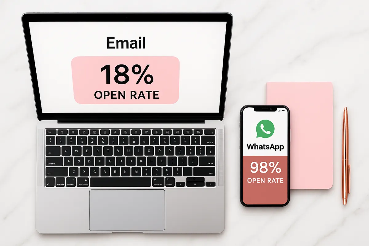 Flat lay comparison of laptop showing 18% email open rate vs smartphone showing 98% WhatsApp open rate on marble desk