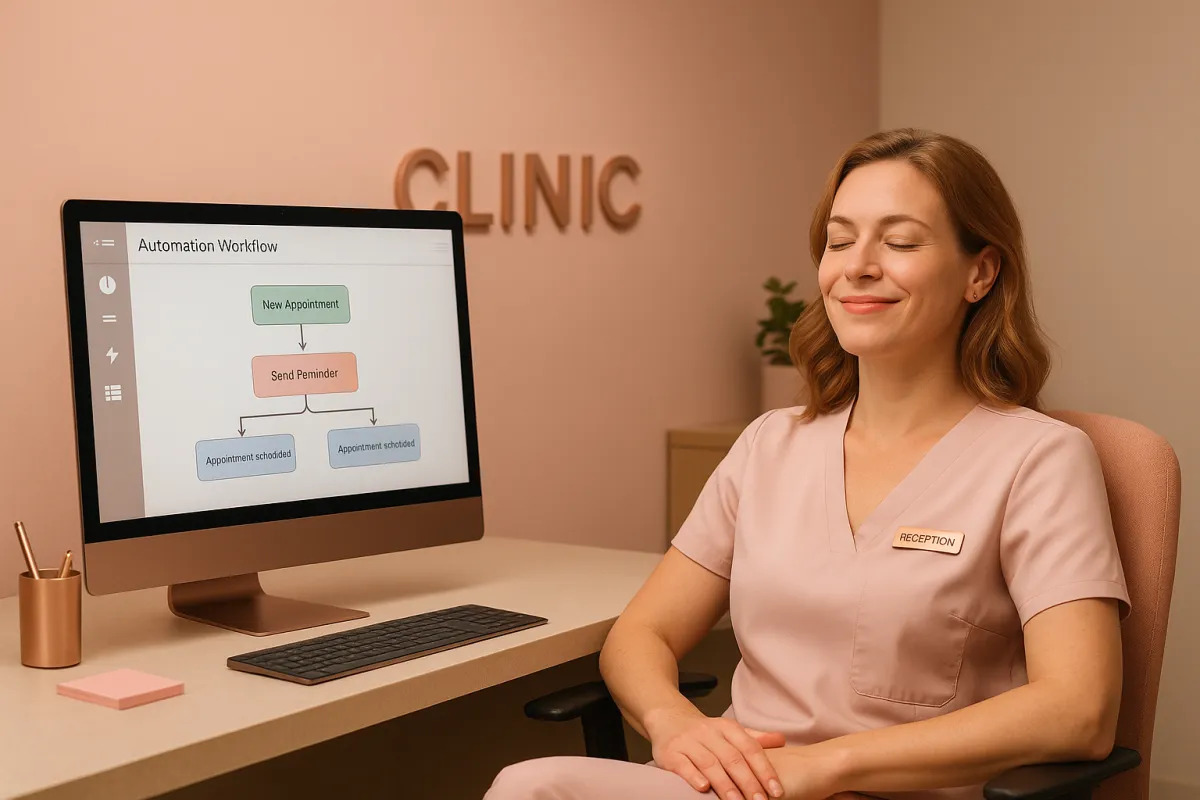 Relaxed receptionist at clinic front desk with automation sending appointment reminders automatically on screen