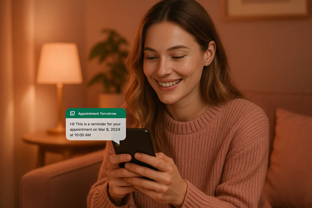 Customer smiling while reading a day-before appointment confirmation WhatsApp message at home in the evening