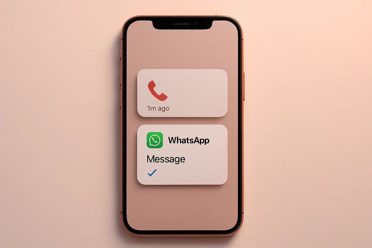 Smartphone showing an unanswered call notification fading alongside a WhatsApp message with blue read ticks on a clean desk