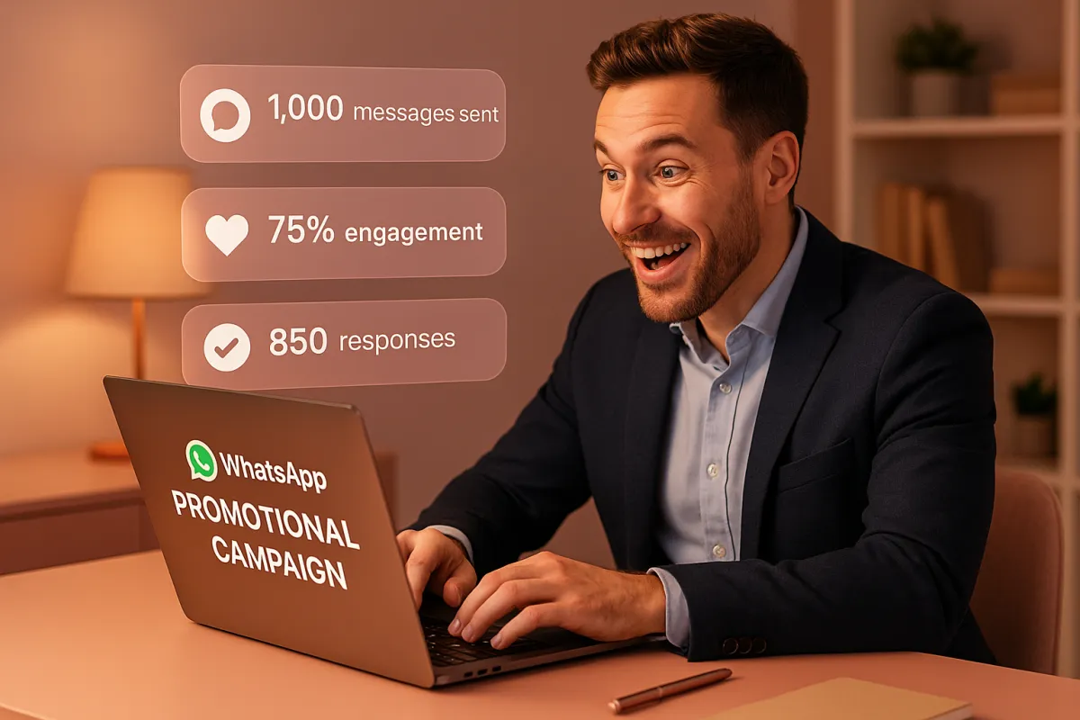 Business owner sending a professional WhatsApp promotional campaign on laptop with high customer engagement notifications