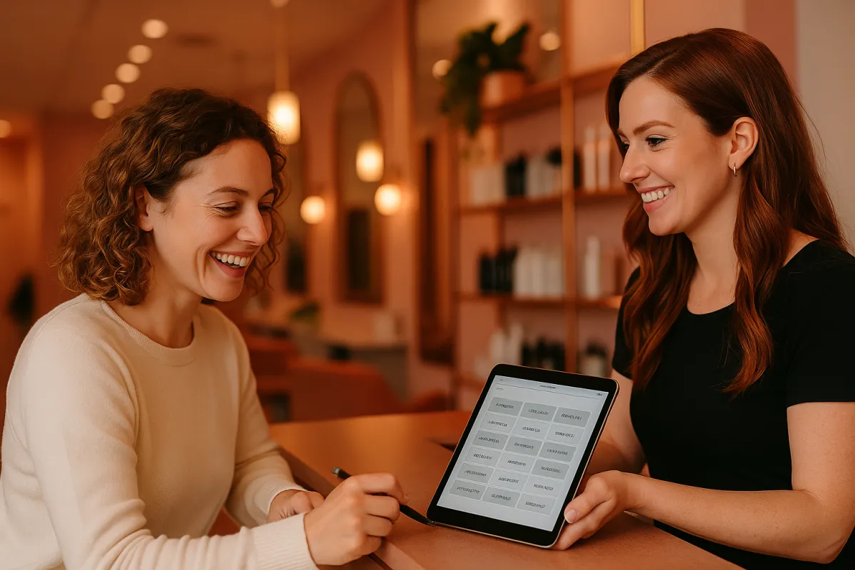 Happy customer at salon reception desk rebooking next appointment while stylist shows available slots on tablet