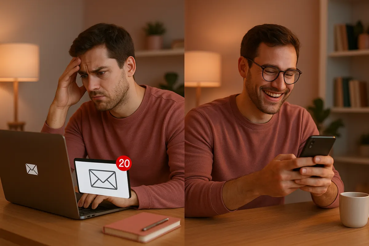 Person ignoring unread emails on laptop then immediately smiling and responding to a text message on their phone