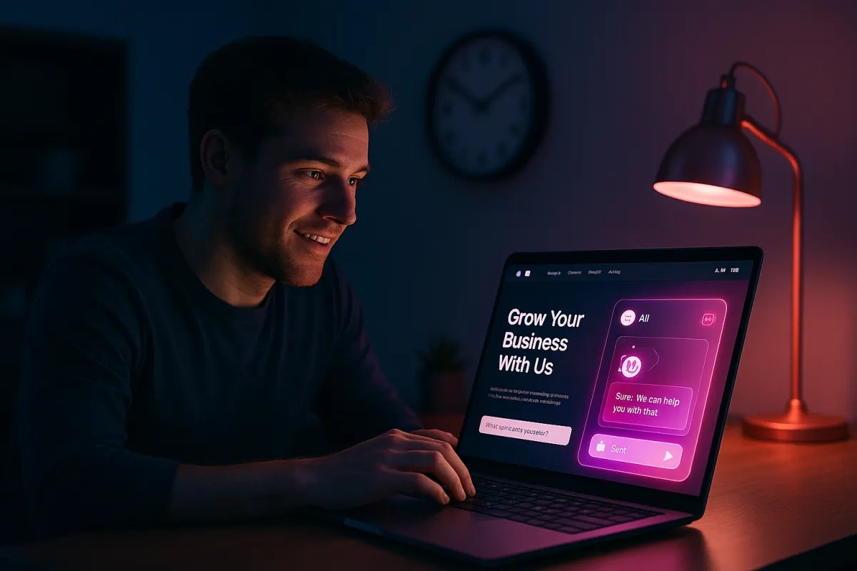 Person browsing a business website at 2 AM with an AI chat widget answering their question instantly