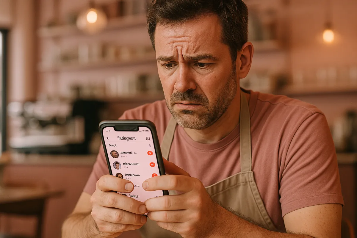 Frustrated business owner discovering a stack of unread Instagram DM notifications from 3 days ago on their smartphone