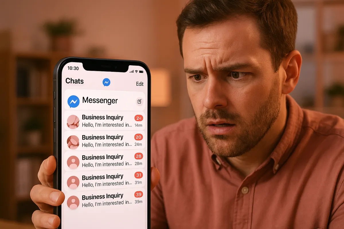 Business owner discovering multiple unread Facebook Messenger inquiry messages piled up on their smartphone