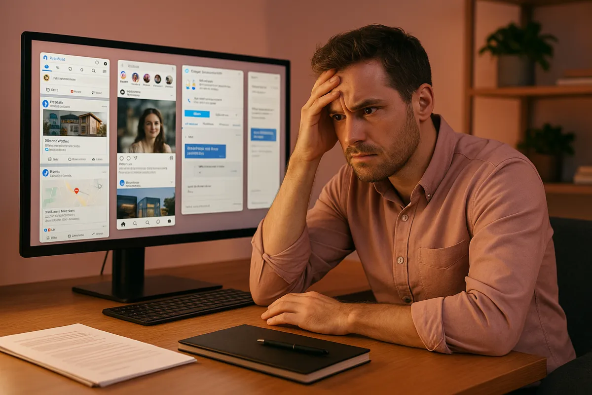Overwhelmed business owner managing messages across 5 different platform windows simultaneously on a large monitor
