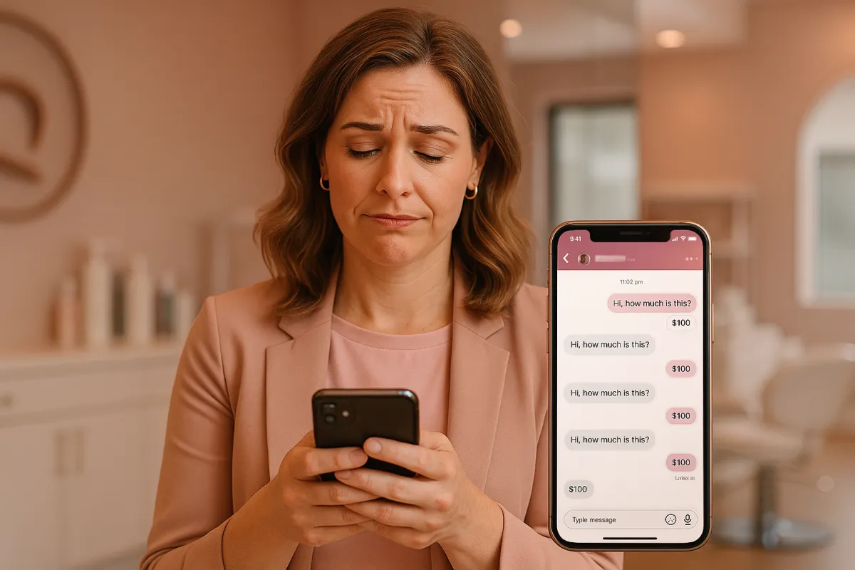 Business owner typing the same pricing answer for the 50th time in Instagram DMs with a slightly exasperated expression