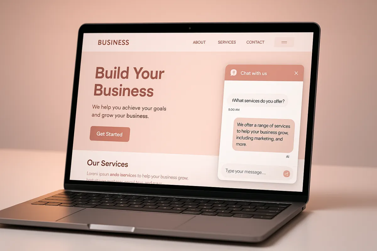 Modern business website with an AI chat widget actively answering a visitor question automatically with no human involvement