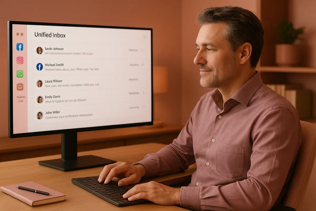 Relaxed business owner checking a single clean unified inbox dashboard showing all messages from every platform in one place