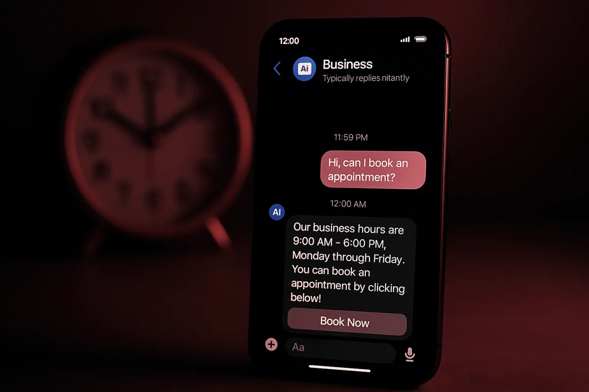 Smartphone at midnight showing a Facebook Messenger conversation where AI automatically responds to an after-hours inquiry with business hours