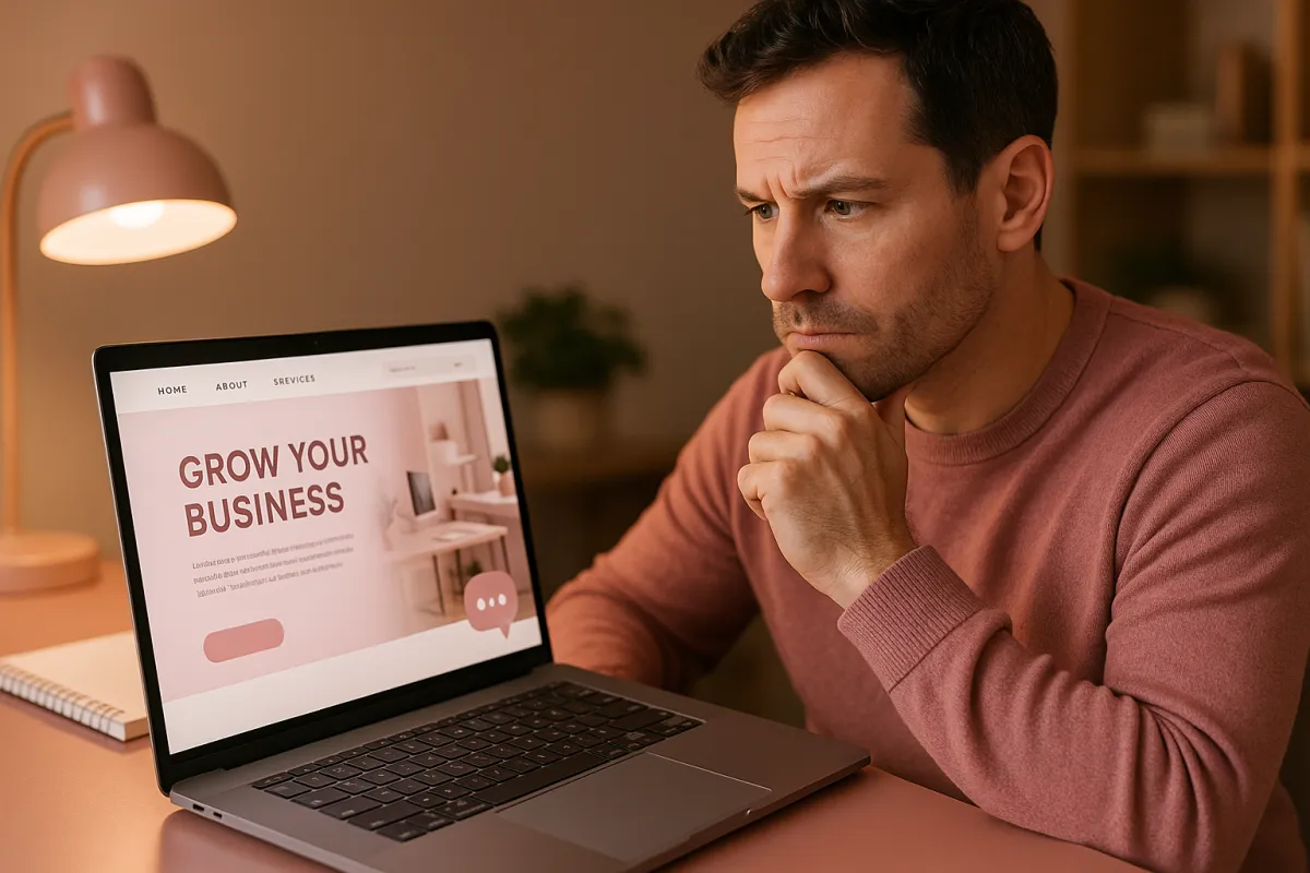 Business owner reviewing their website on a laptop considering adding a chat widget with a chat bubble icon appearing in the corner