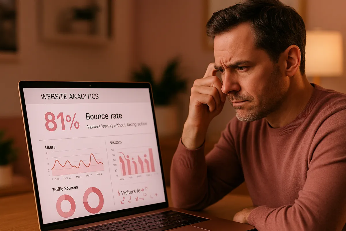 Website analytics dashboard showing high bounce rate with business owner analyzing why visitors leave without taking action