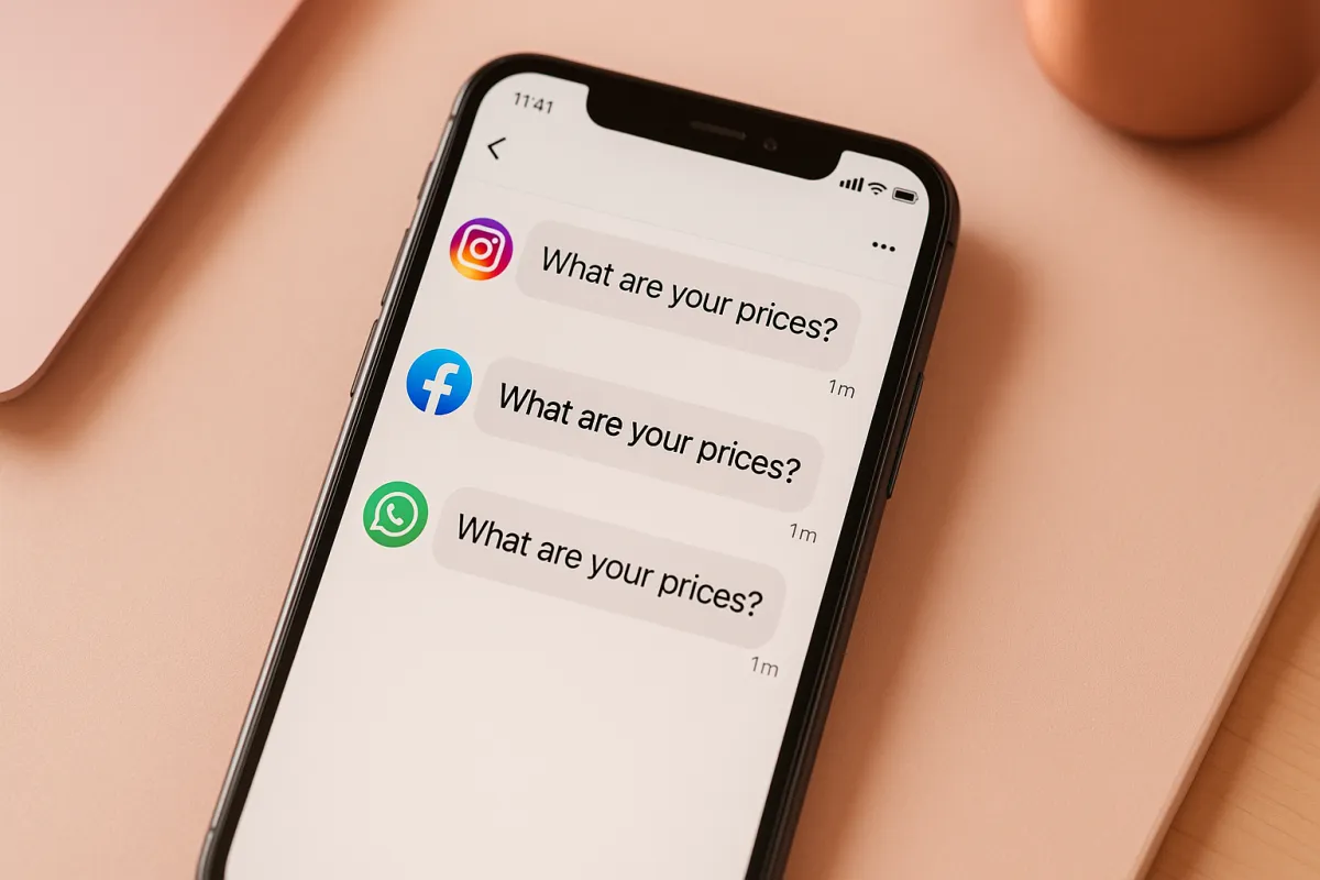 Smartphone showing the same pricing question being sent across Instagram, Facebook, and WhatsApp simultaneously