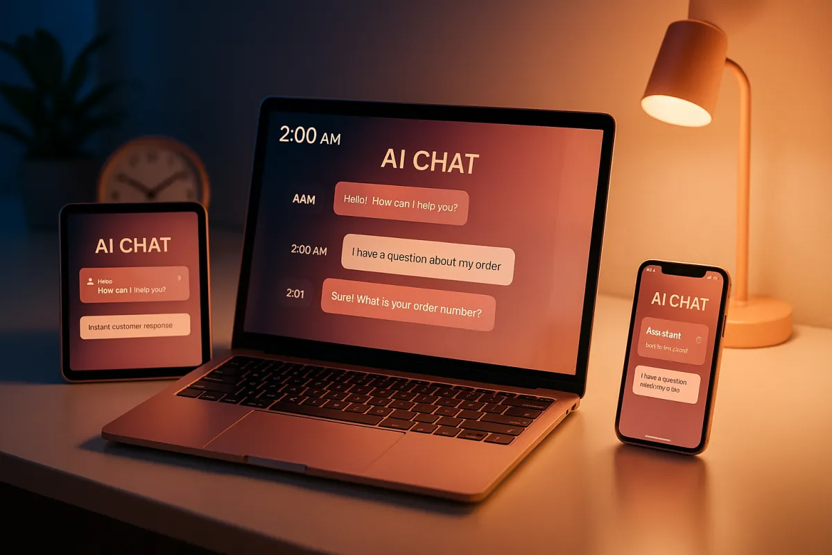AI chat interface on laptop, tablet, and phone simultaneously showing instant customer responses including at 2 AM