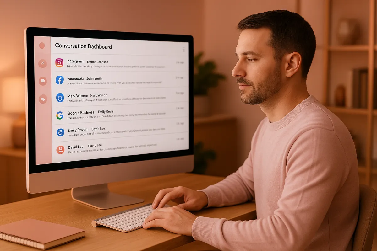 Clean unified conversation dashboard on a large monitor showing color-coded threads from Instagram, Facebook, and Google organized in one timeline