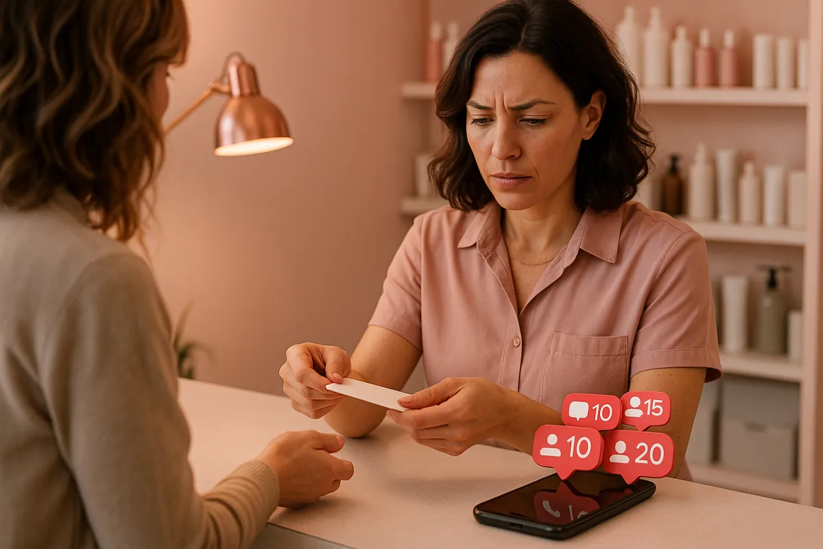 Busy business owner serving an in-person customer while unread social media notification badges pile up on their phone on the counter
