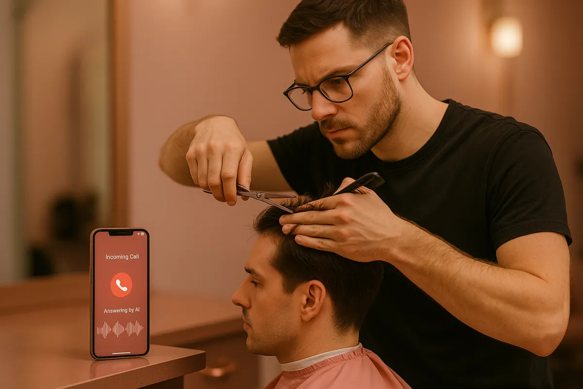 Hairstylist cutting a client's hair while a phone on the counter shows an incoming call being answered by AI automatically