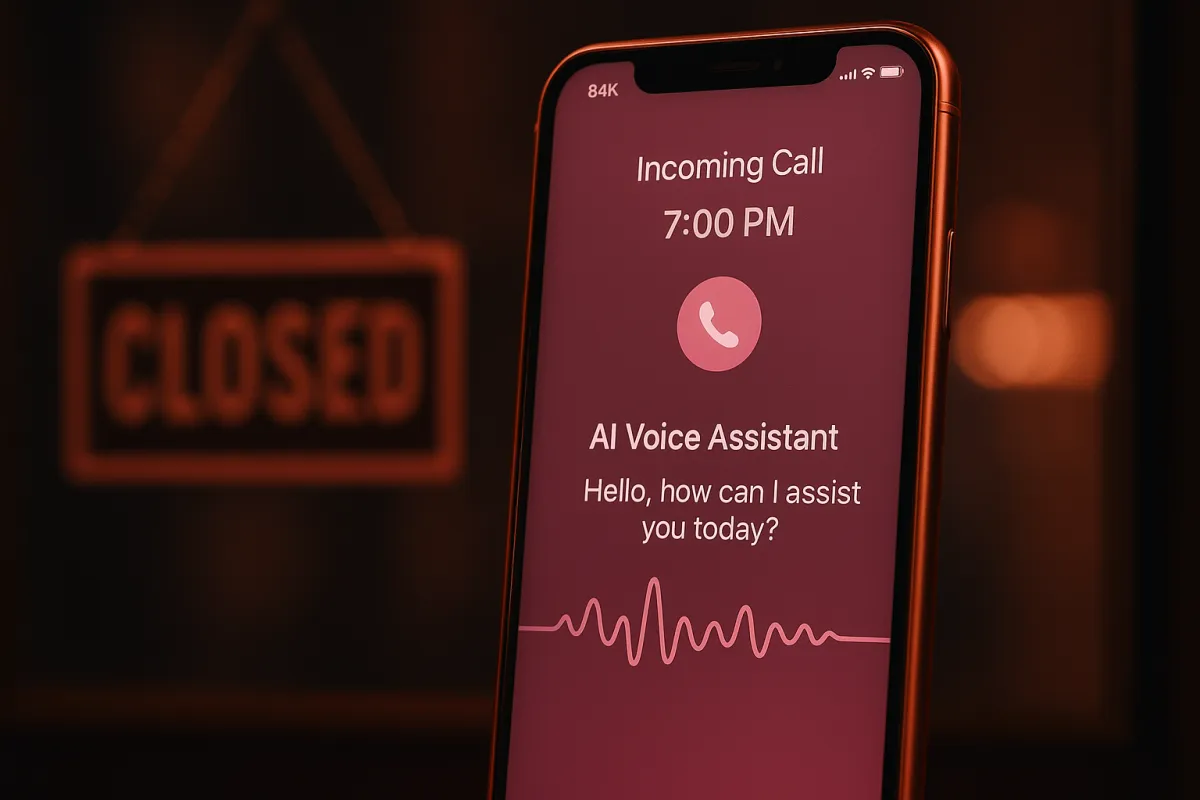 Smartphone at 7 PM showing an after-hours incoming call being automatically answered by AI voice assistant with closed sign visible in background