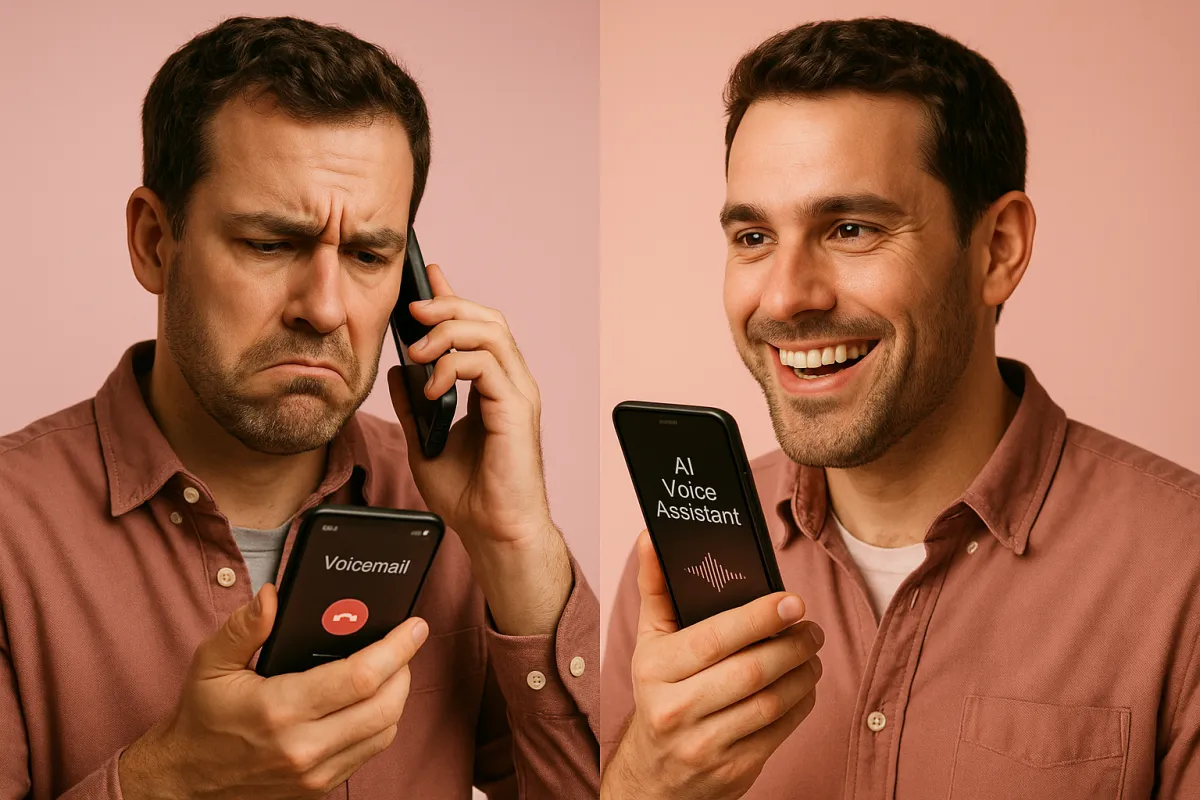 Split scene showing frustrated customer hearing voicemail on the left versus same customer smiling talking to AI voice assistant on the right