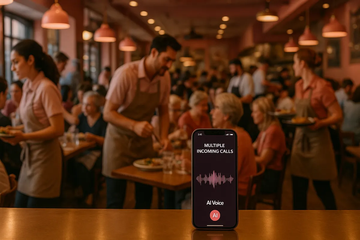 Busy restaurant during lunch rush with all staff serving customers while AI handles multiple incoming calls automatically on the counter phone