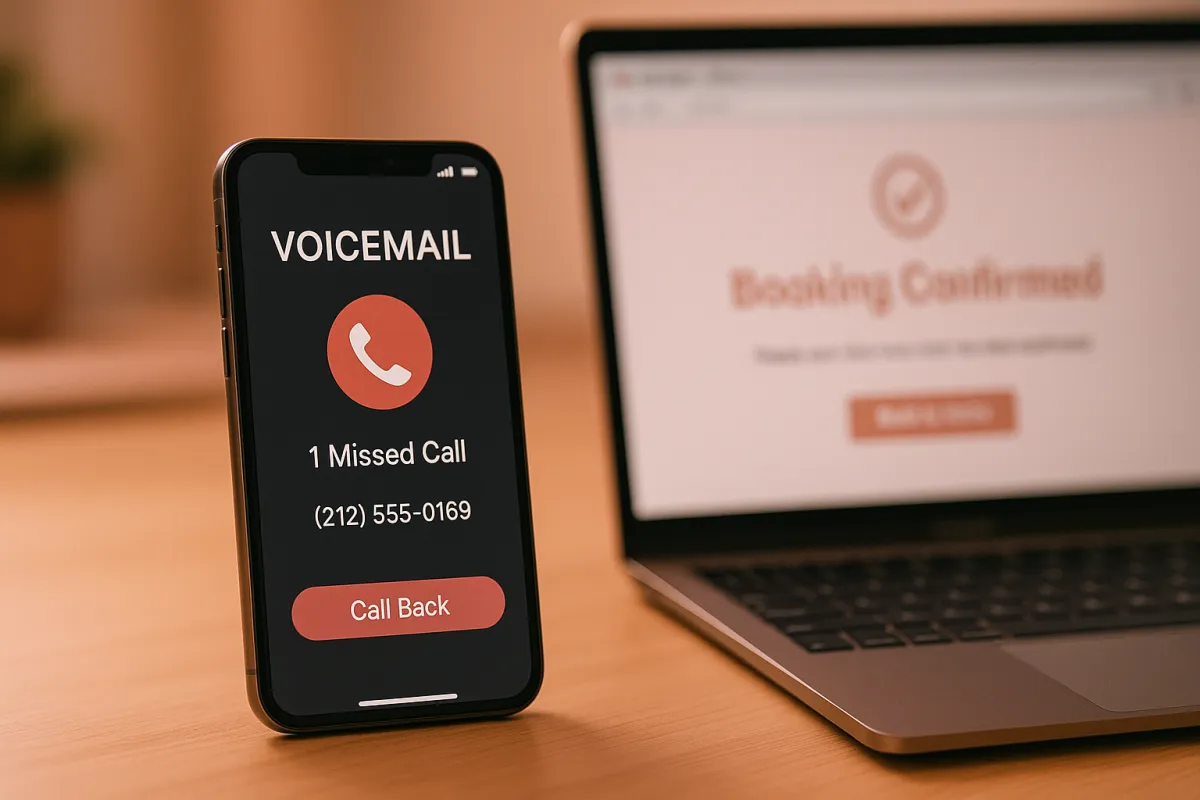 Smartphone showing voicemail notification from a missed business call with a competitor booking confirmation visible on laptop in background