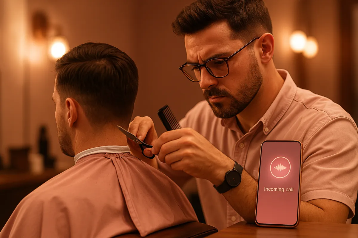 Barber focused on haircut while AI voice agent handles incoming phone calls automatically