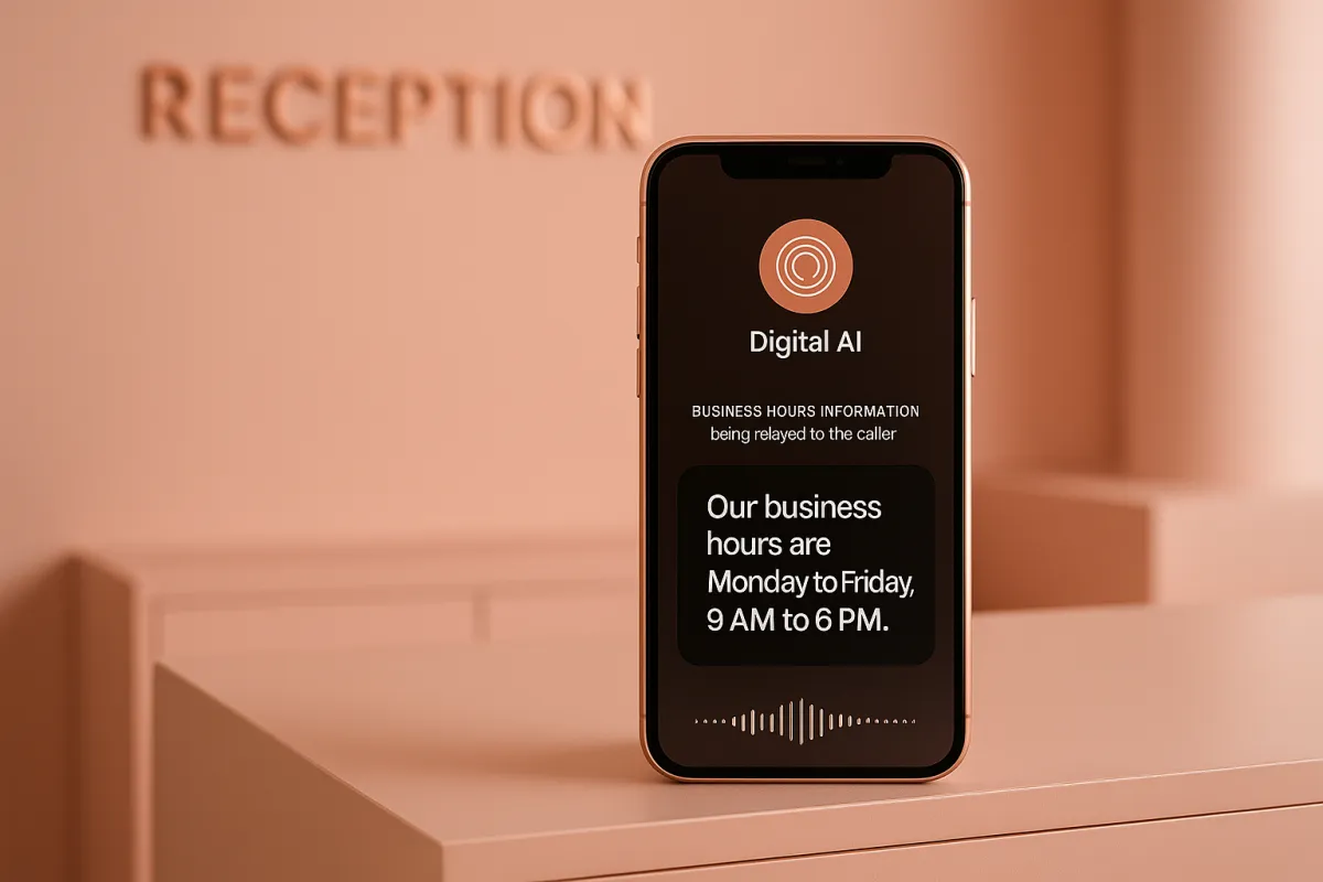 AI voice assistant automatically answering business hours questions on incoming phone calls