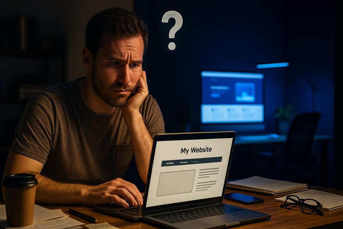 Small business owner looking hesitantly at a basic website on their laptop