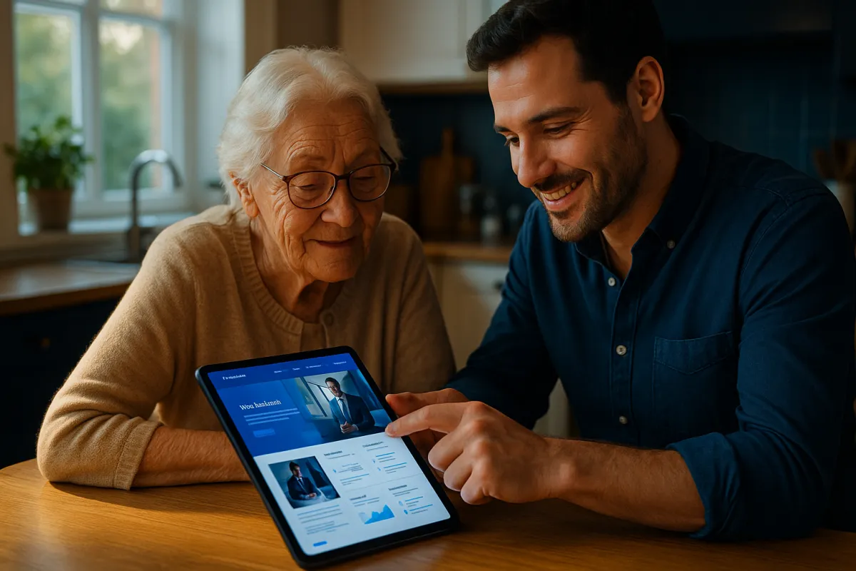 A senior adult and a younger family member reviewing a business website together on a tablet