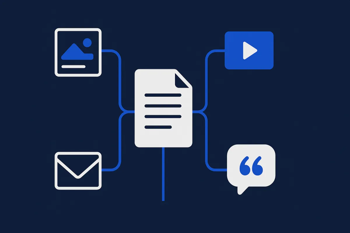 One central document branching into multiple content format icons representing content repurposing strategy