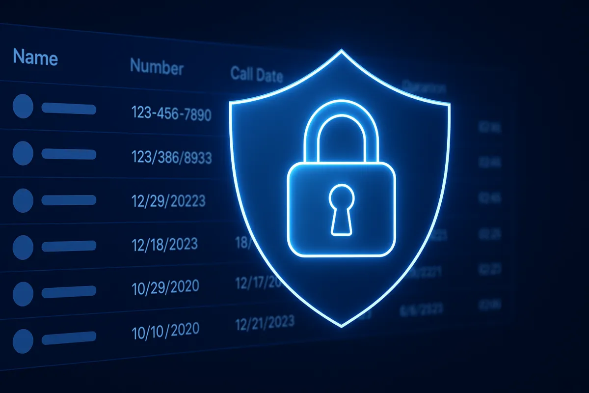 Digital security concept with a glowing padlock icon over a caller data interface suggesting secure and compliant data storage