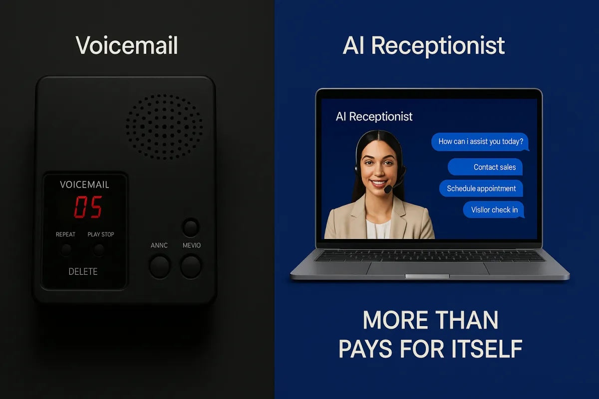 Split visual comparing an outdated voicemail system versus a modern bright AI receptionist interface illustrating ROI and value