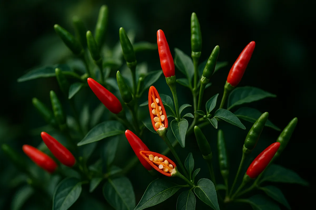 Clusters of bright red Thai bird chilies growing on a lush chili pepper plant in a Texas garden