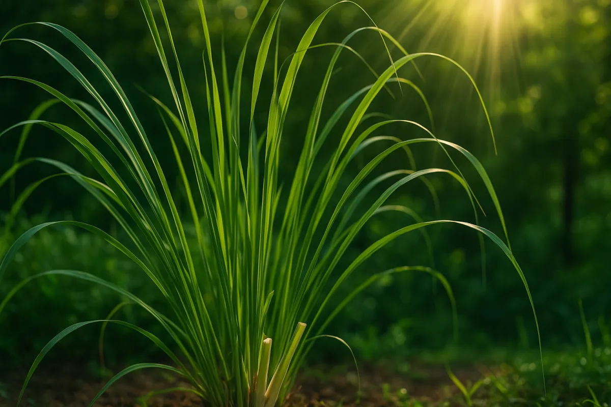 Fresh lemongrass stalks growing tall in a Texas garden with bright tropical sunlight filtering through the long green leaves