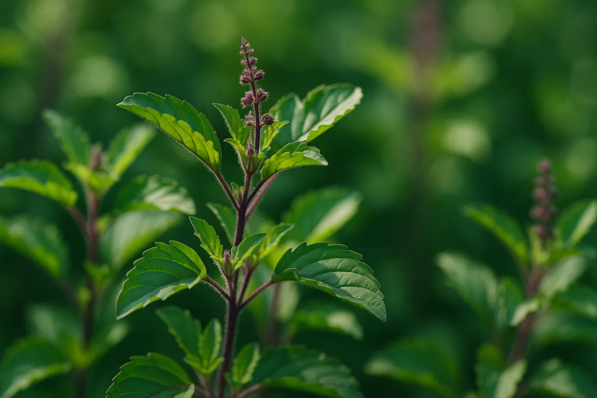 Close-up of Thai holy basil (krapao) leaves with distinctive purple stems and serrated edges growing in a sunlit Texas garden