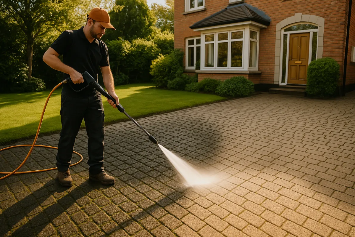 Professional power washing specialist cleaning a Dublin driveway — Peninsula Stone Landscapes