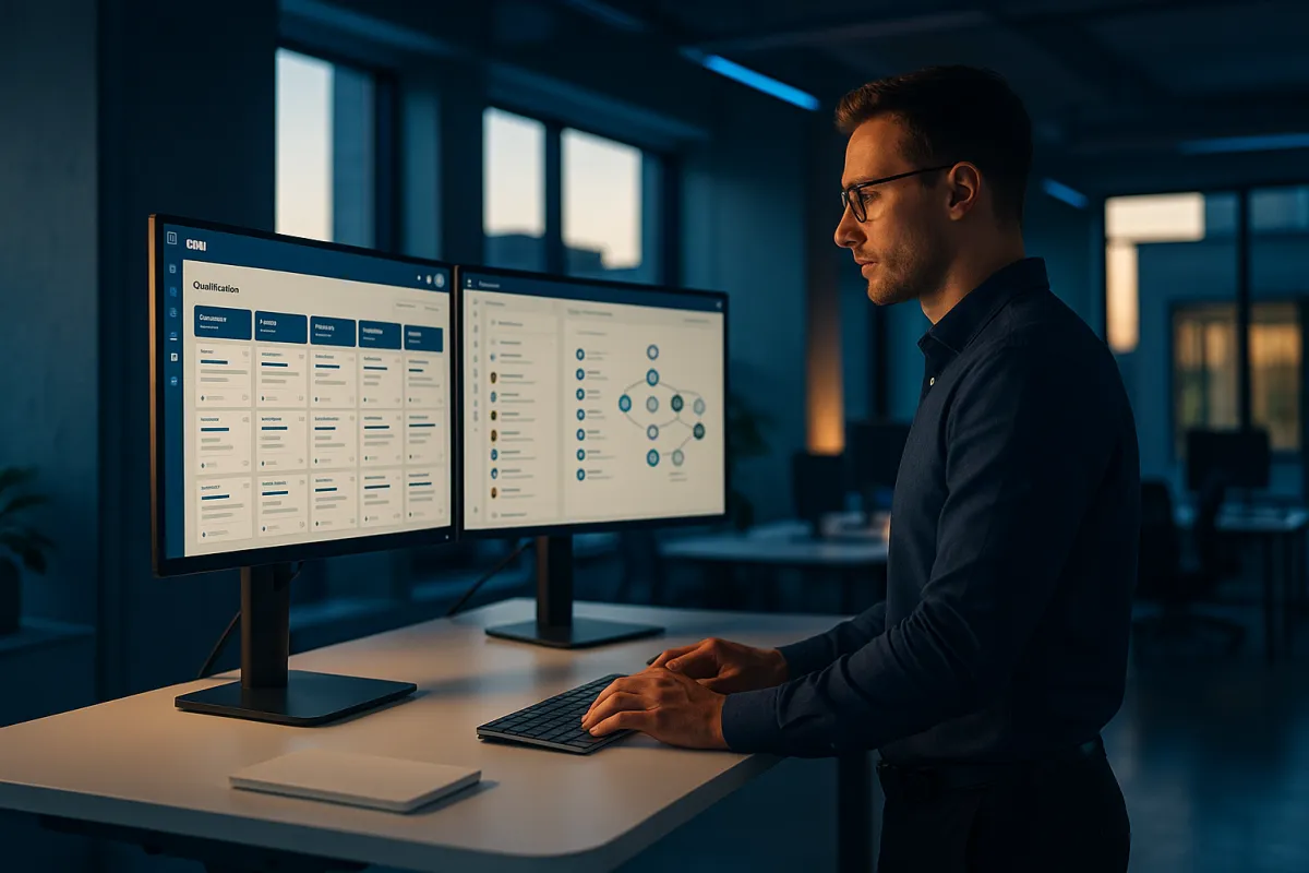 Bestes CRM für Startups 2026 – Moderner Startup-Arbeitsplatz mit CRM-Dashboard in Navy und Sky Blue