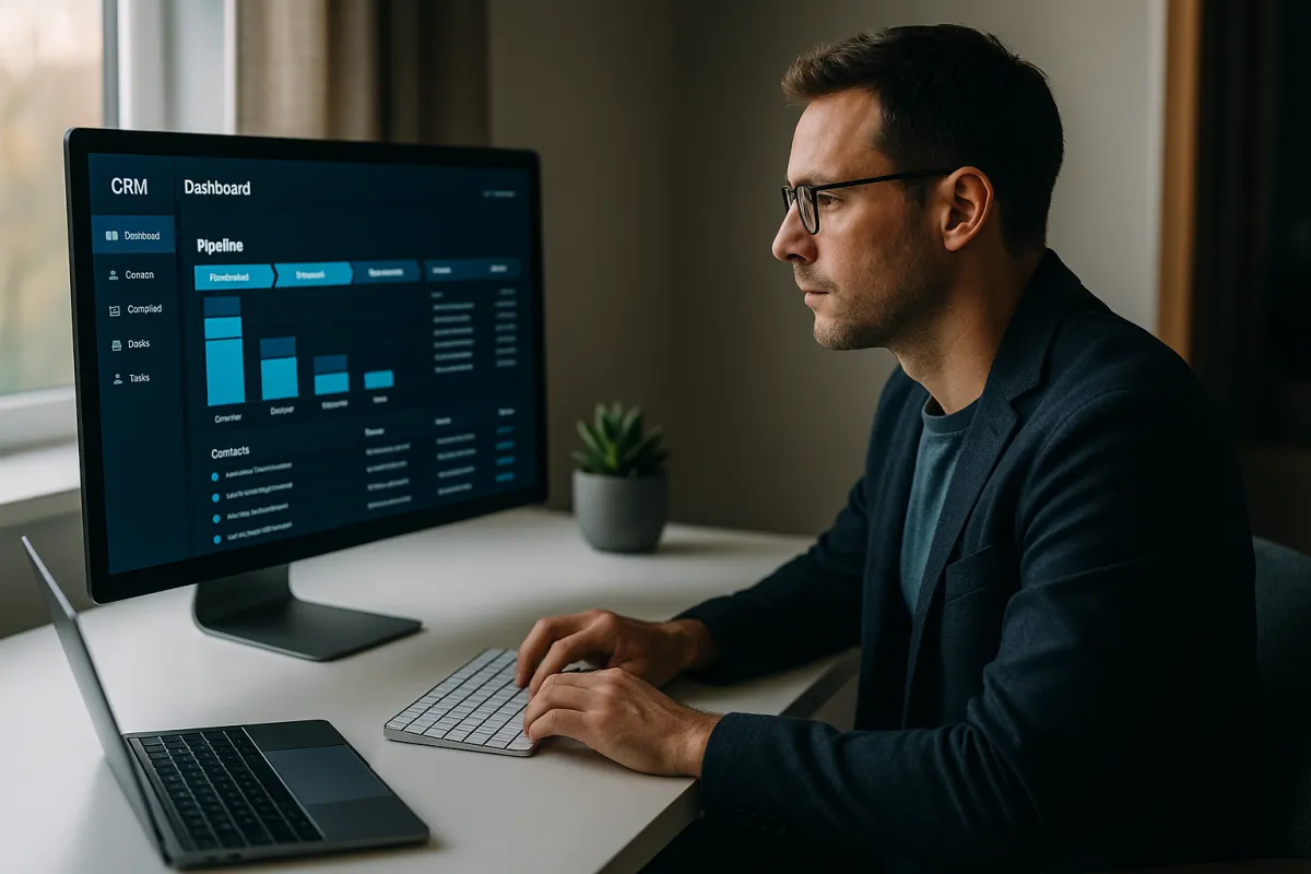 Bestes CRM für Selbstständige 2026 – Selbstständiger am modernen Schreibtisch mit CRM-Dashboard