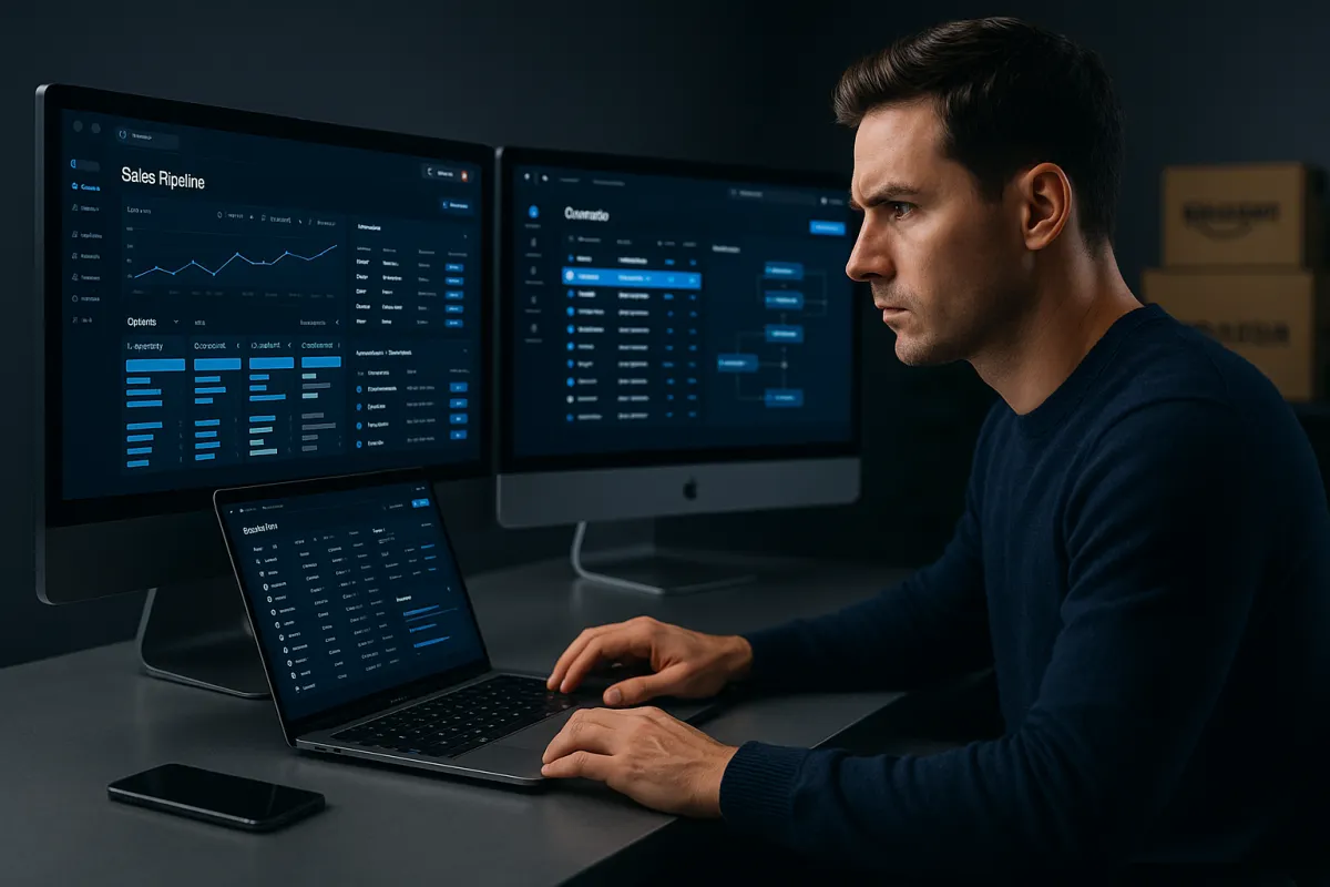 Bestes CRM für Amazon Händler 2026 – Amazon-Händler am modernen CRM-Dashboard mit Pipelines und Automatisierung