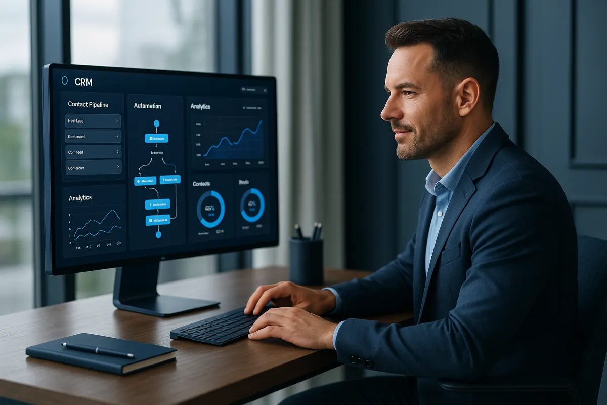 Bestes CRM für Coaches Online 2026 – Online-Coach am modernen Arbeitsplatz mit CRM-Dashboard in Navy und Sky Blue